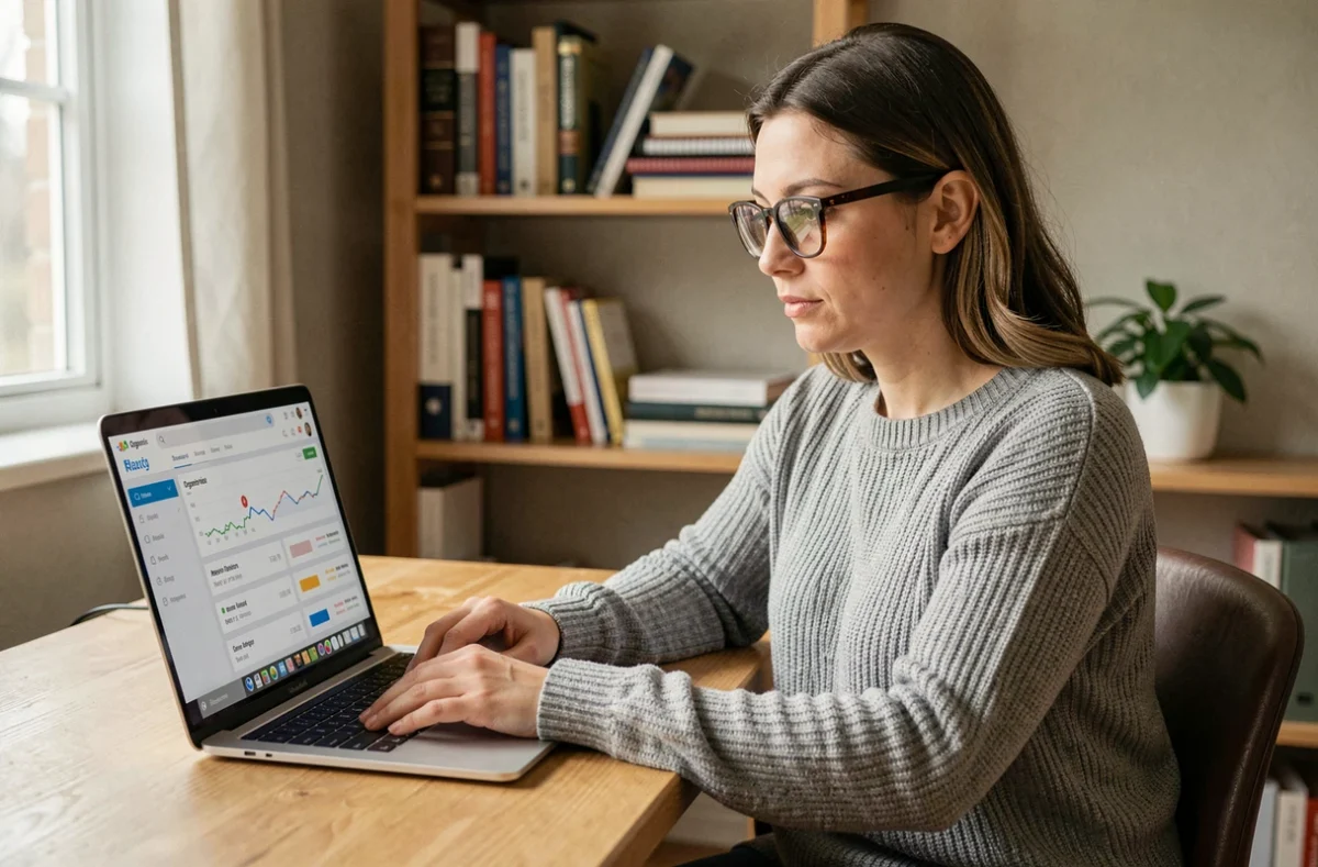 Femme travaillant sur une stratégie de référencement gratuit depuis son bureau à domicile avec un tableau de bord SEO ouvert sur son ordinateur portable