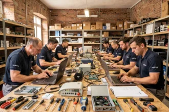 Atelier de réparation informatique dans les Pays de la Loire avec plusieurs techniciens travaillant sur des ordinateurs