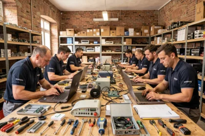 Atelier de réparation informatique dans les Pays de la Loire avec plusieurs techniciens travaillant sur des ordinateurs