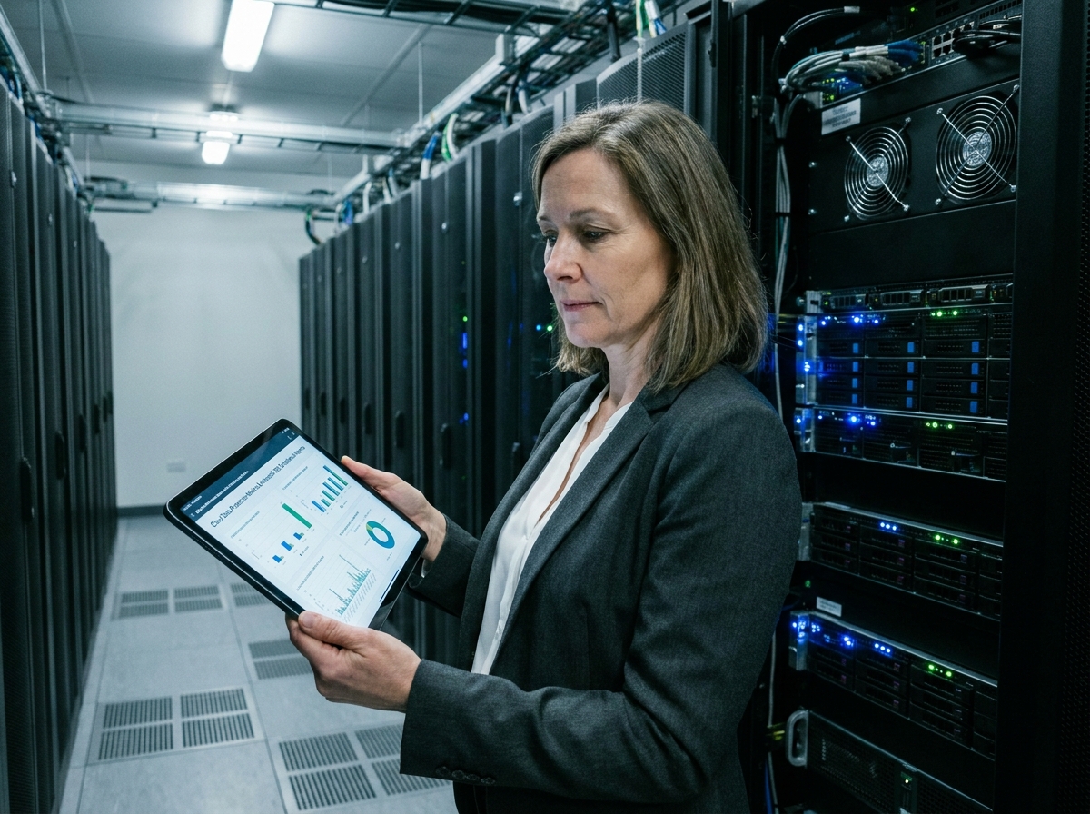 Responsable informatique analysant des rapports de protection des données Microsoft 365 dans une salle de serveurs