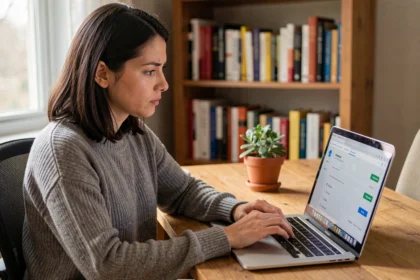 Femme consultant les mots de passe enregistrés sur son navigateur depuis un ordinateur portable à domicile