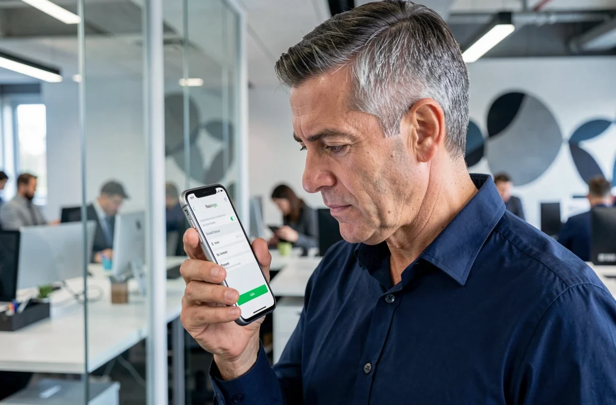 Homme d'affaires recherchant ses mots de passe enregistrés sur son smartphone dans un bureau moderne