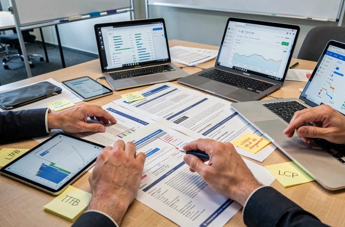 Réunion d'équipe SEO autour de rapports de performance et d'audits de temps de chargement pour améliorer le classement Google