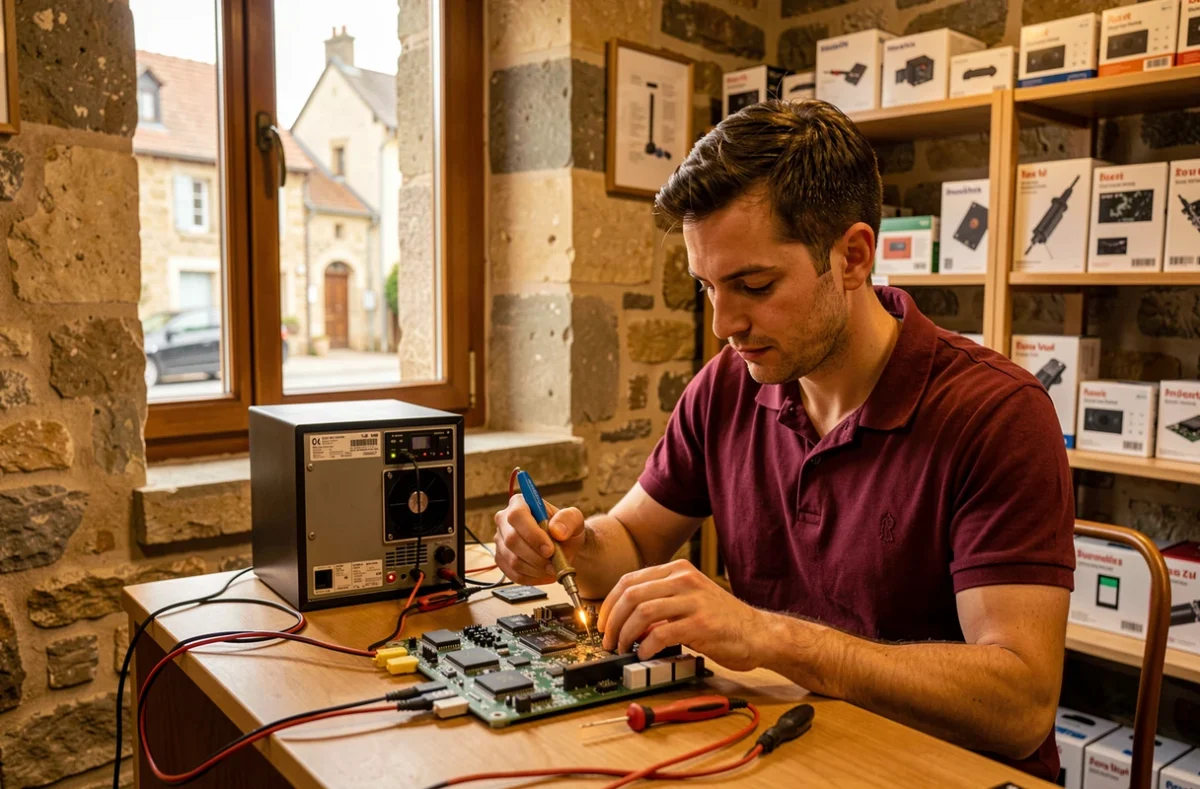 Technicien de Rio Informatique réparant une carte électronique dans son atelier à Beaulieu-sur-Layon