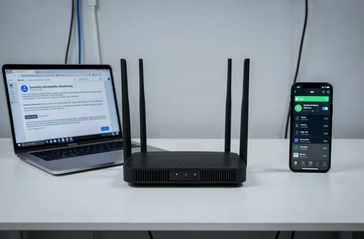 Routeur domestique entouré d'un ordinateur portable et d'un smartphone affichant des rapports de vulnérabilités de cybersécurité sur un bureau minimaliste