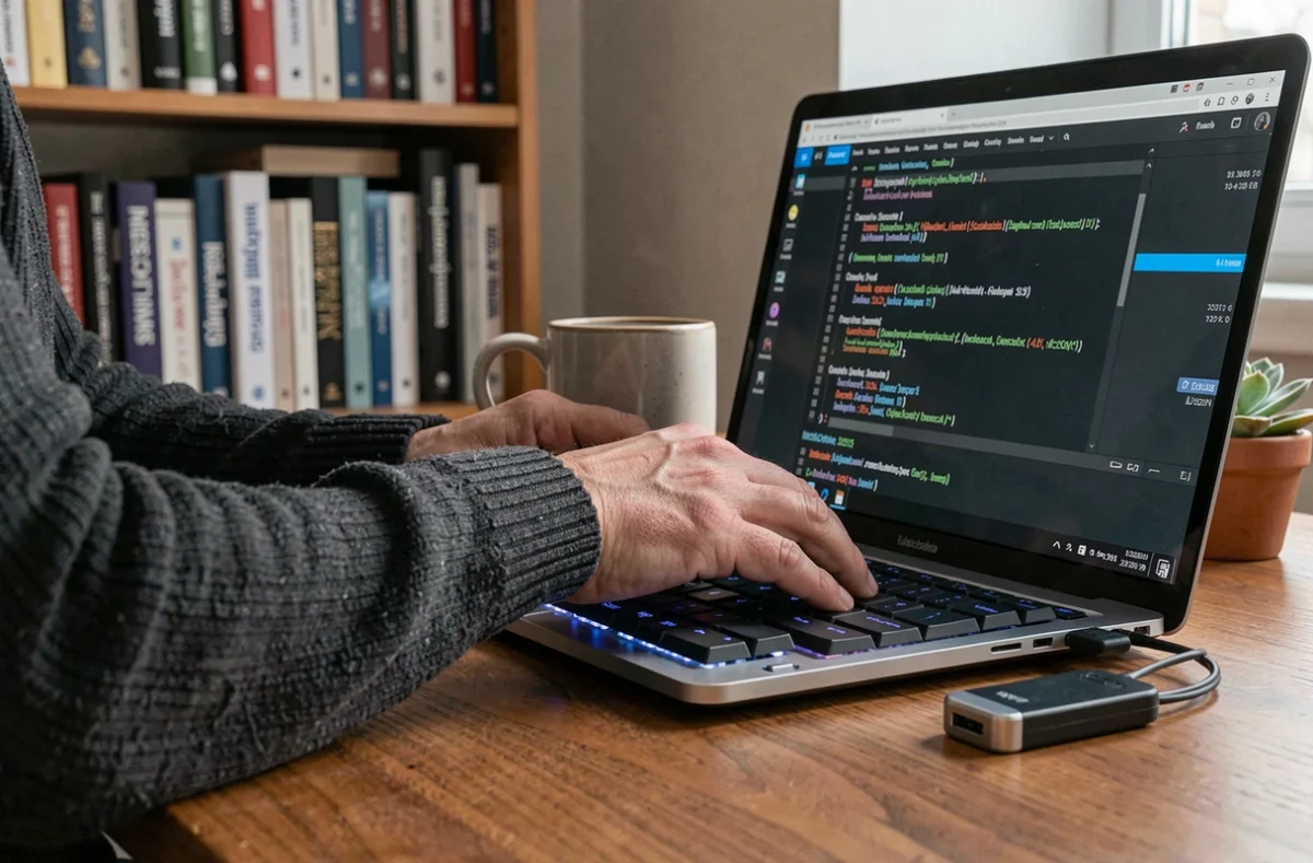 Mains d'un professionnel tapant sur un clavier sécurisé avec une clé USB de sécurité connectée à un ordinateur affichant des logs de sécurité cloud