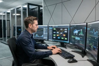 Professionnel de la sécurité informatique analysant des tableaux de bord cloud sur plusieurs écrans dans une salle de contrôle moderne