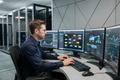 Professionnel de la sécurité informatique analysant des tableaux de bord cloud sur plusieurs écrans dans une salle de contrôle moderne