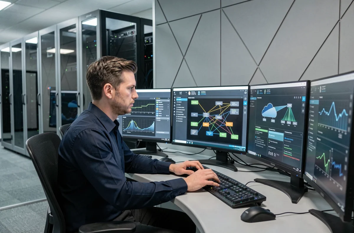 Professionnel de la sécurité informatique analysant des tableaux de bord cloud sur plusieurs écrans dans une salle de contrôle moderne
