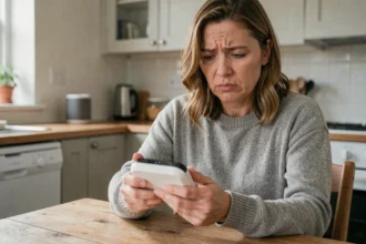 Une mère de famille examine avec inquiétude un objet connecté domotique dans sa cuisine, illustrant les préoccupations de sécurité liées aux appareils connectés