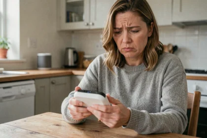 Une mère de famille examine avec inquiétude un objet connecté domotique dans sa cuisine, illustrant les préoccupations de sécurité liées aux appareils connectés