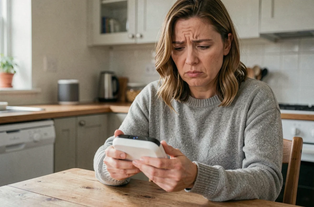 Une mère de famille examine avec inquiétude un objet connecté domotique dans sa cuisine, illustrant les préoccupations de sécurité liées aux appareils connectés