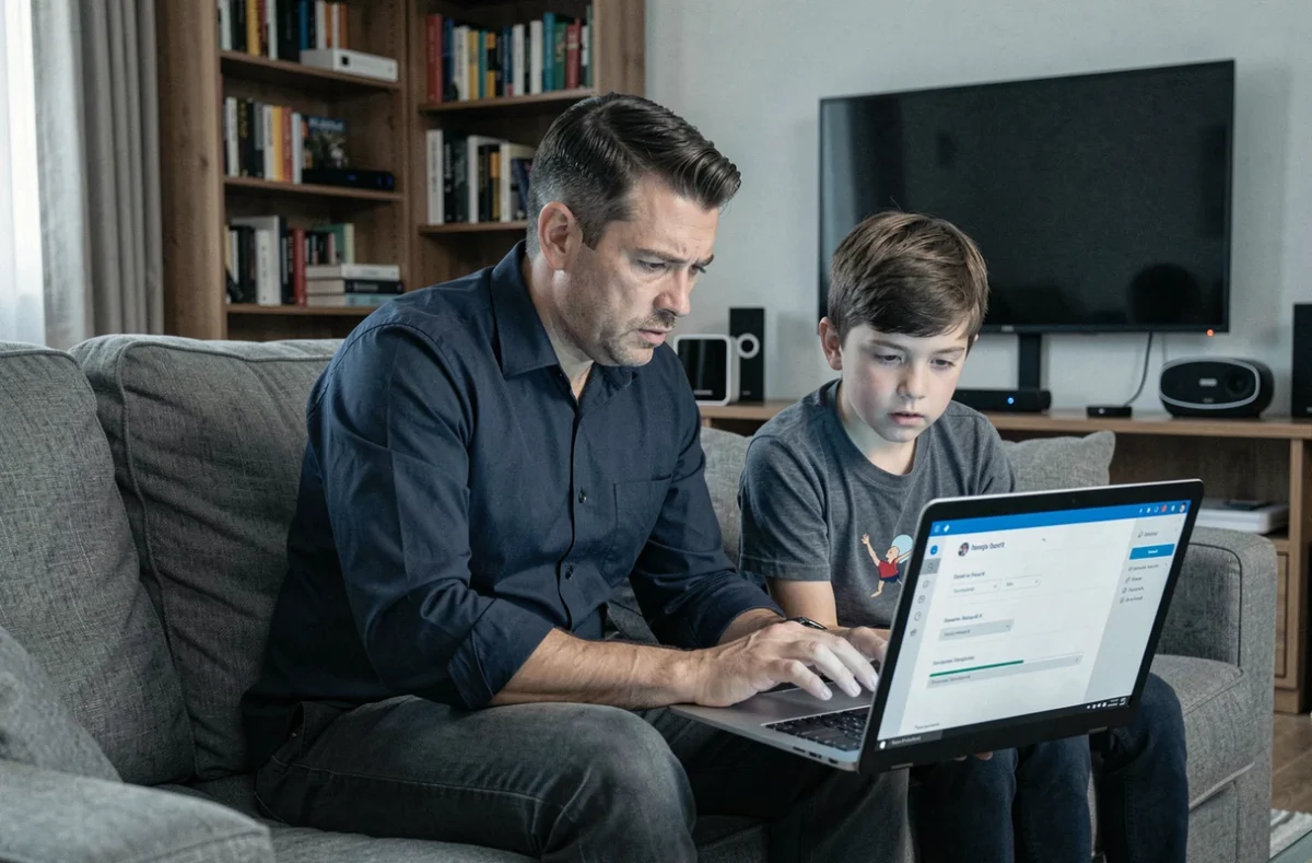 Un père et son fils adolescent consultent ensemble les paramètres de sécurité de leurs appareils connectés sur un ordinateur portable dans le salon familial