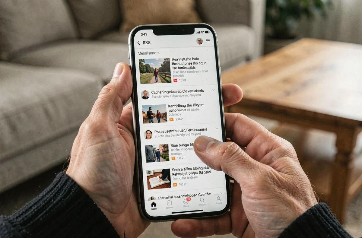 Écran de smartphone affichant une application de lecture de flux RSS avec des articles listés