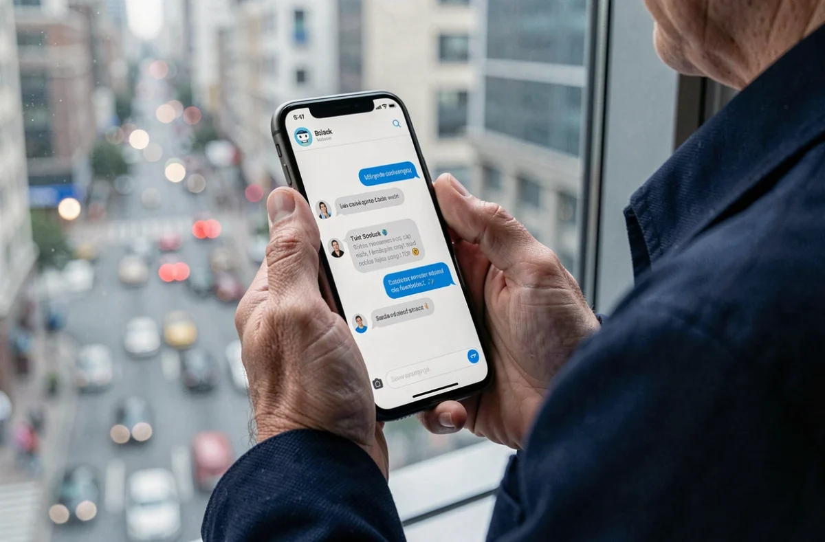 Gros plan d'un smartphone affichant une conversation avec un chatbot de service client en milieu urbain