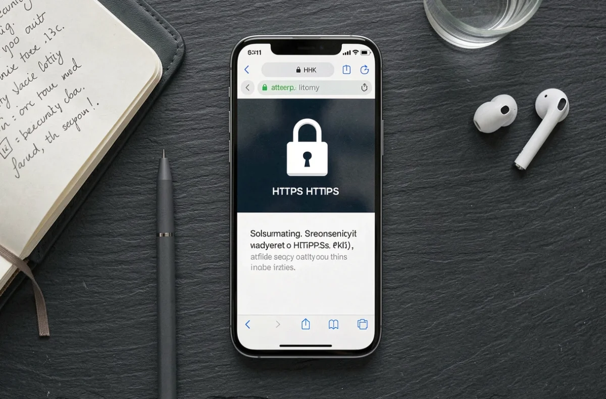 Vue aérienne d'un smartphone affichant un site sécurisé HTTPS avec cadenas sur bureau en ardoise