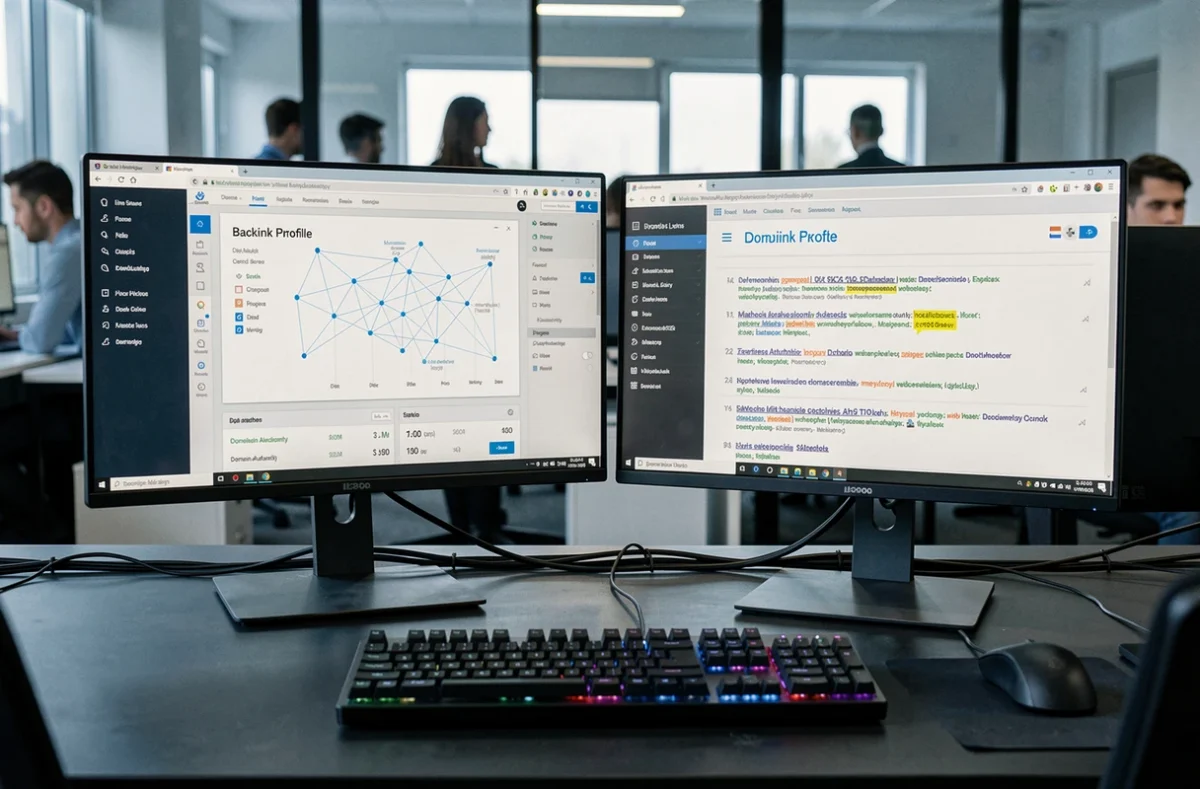 Station de travail double écran affichant un profil de backlinks SEO et une carte de liens entrants dans une agence digitale