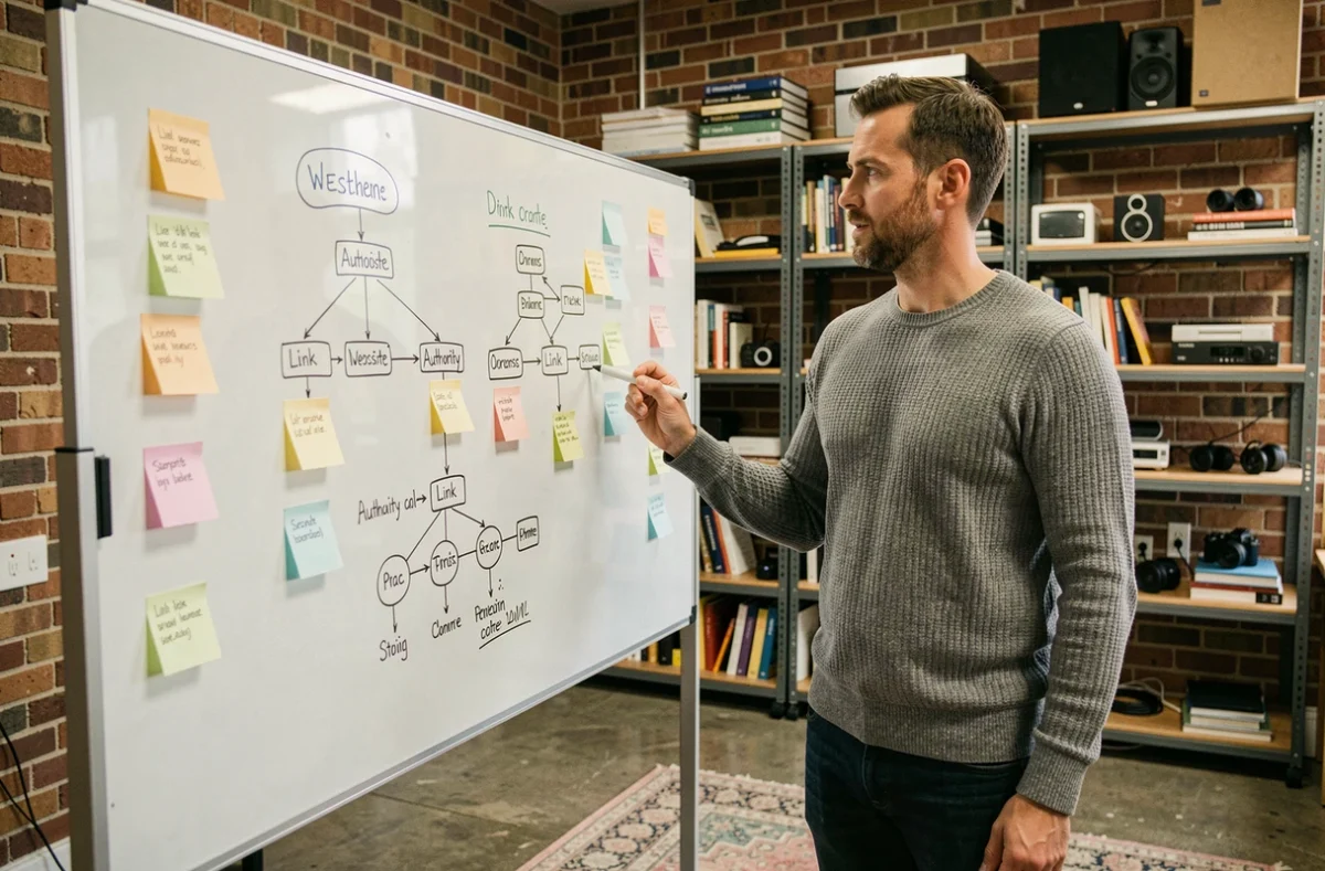 Entrepreneur analysant un schéma de hiérarchie de liens entrants sur un tableau blanc dans un studio de travail, représentant l'importance des backlinks pour améliorer l'autorité et la crédibilité d'un site internet