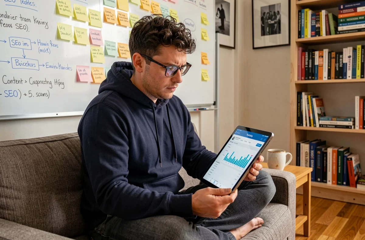 Développeur web analysant une carte de mots-clés SEO sur tableau blanc dans un bureau à domicile