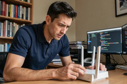 Technicien informatique examinant un routeur Wi-Fi domestique pour détecter des failles de sécurité dans un bureau à domicile