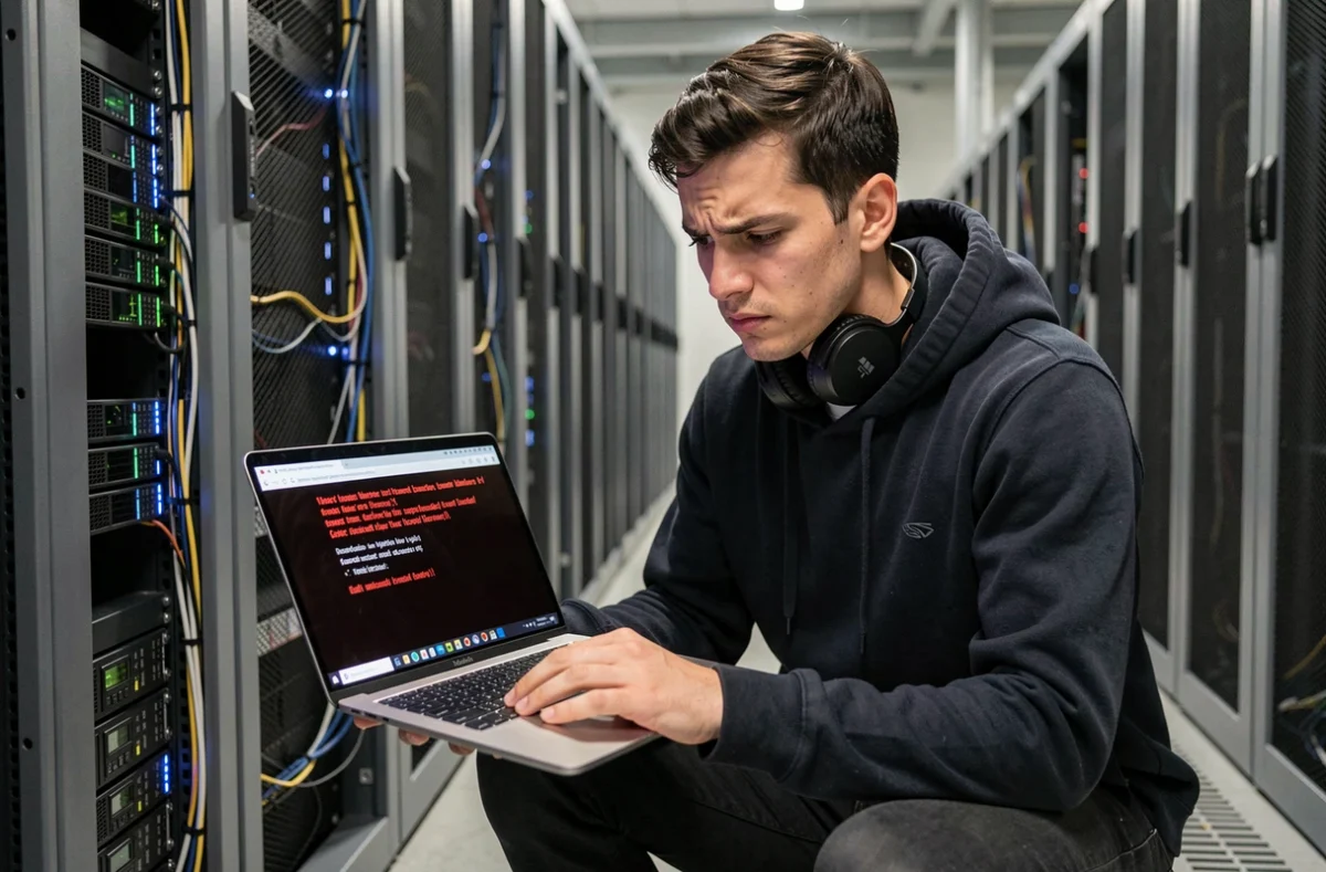 Technicien informatique analysant une alerte ransomware sur un ordinateur portable dans une salle de serveurs