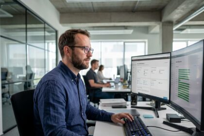 Technicien informatique configurant une sauvegarde Microsoft 365 sur des écrans de bureau dans un open space moderne