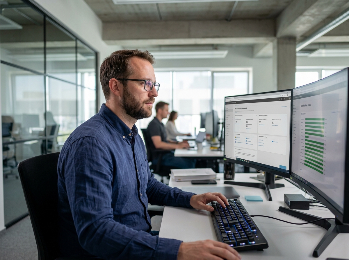 Technicien informatique configurant une sauvegarde Microsoft 365 sur des écrans de bureau dans un open space moderne