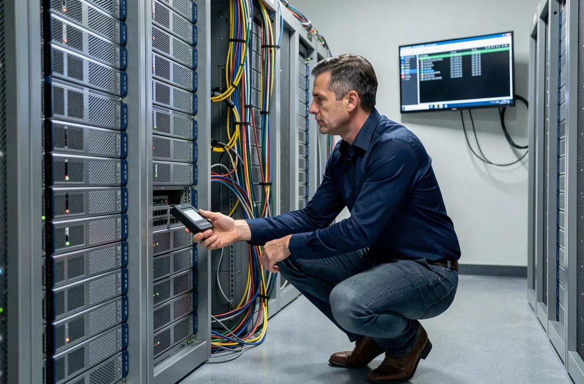Technicien IT configurant une sauvegarde sur serveur dans une salle de données professionnelle