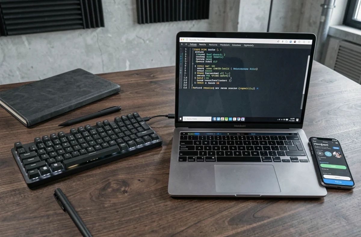 Vue de dessus d'un bureau avec terminal réseau affichant des configurations de protocoles VPN IKEv2 et OpenVPN
