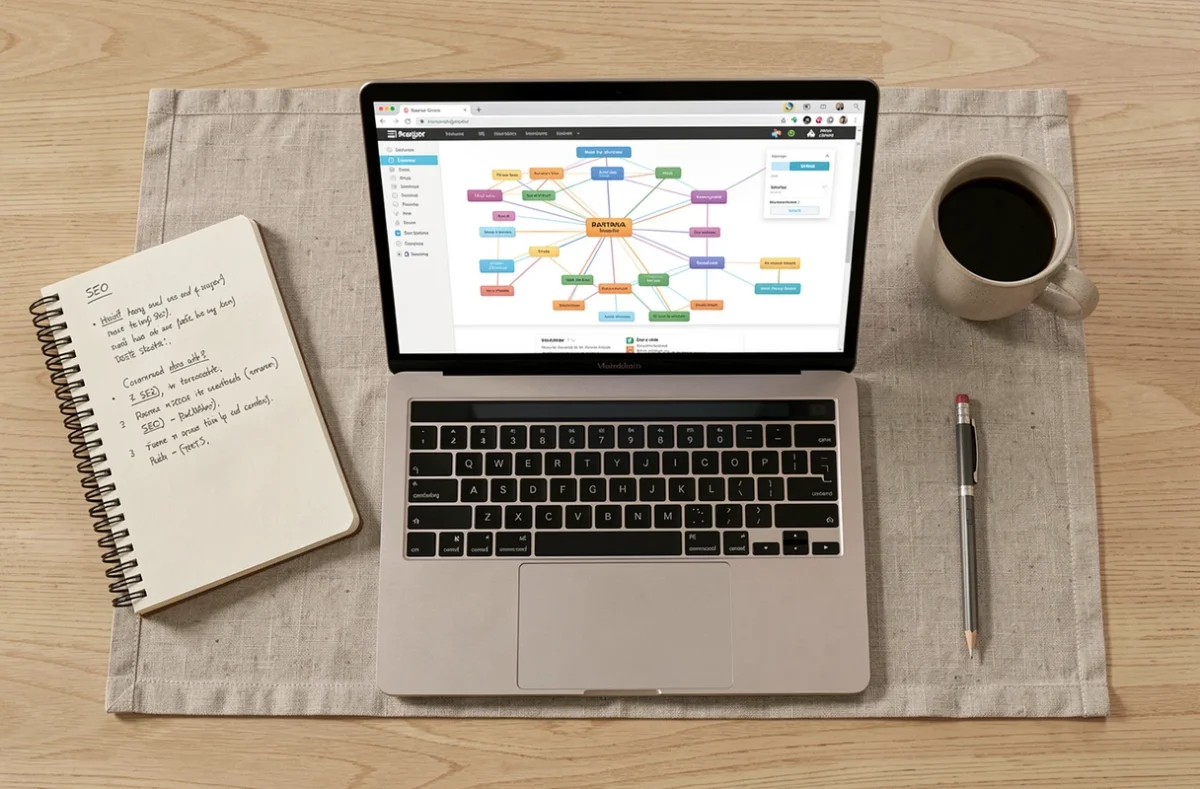 Vue aérienne d'un bureau minimaliste avec un ordinateur portable affichant une carte de maillage interne de site web et des notes SEO manuscrites