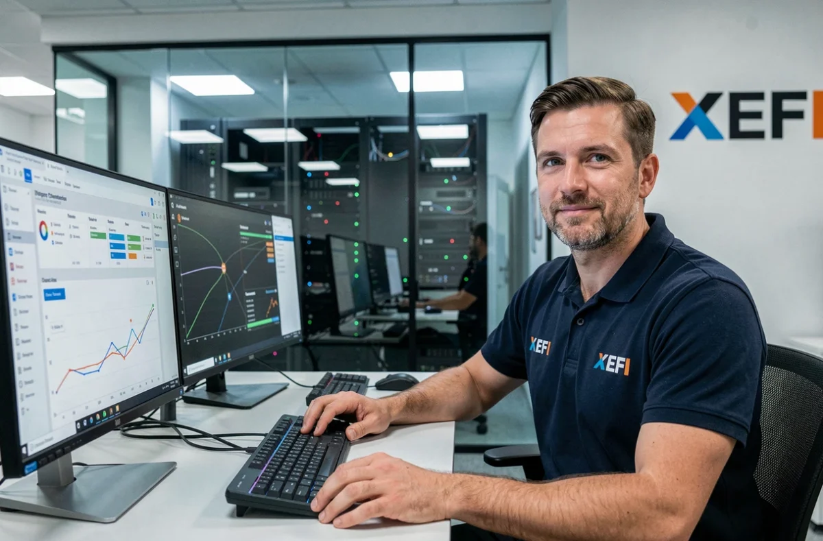 Technicien XEFI assurant la maintenance informatique dans un bureau moderne au Mans